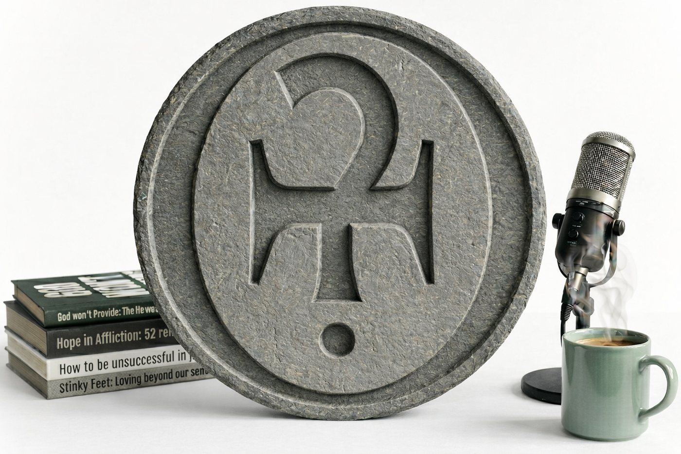 A carved stone medallion with a question mark and exclamation point, beside a stack of books, a podcast microphone, and a mug of coffee